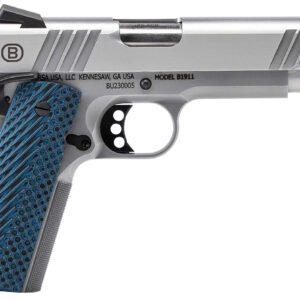 Bersa B19117050SMBL B1911  Full Size Frame 45 ACP 8+1 5" Stainless Steel Barrel, Polished Stainless Serrated Steel Slide, Matte Stainless Stainless Steel Frame w/Beavertail, Blue VZ Grip, Ambidextrous