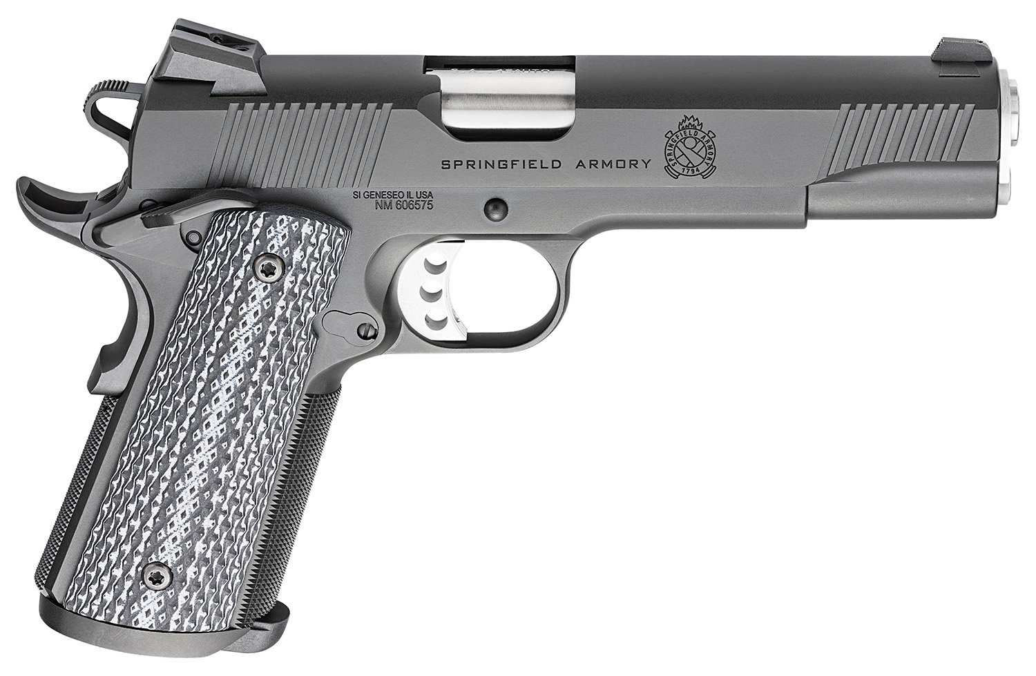 Springfield Armory PC9108LCA18 1911 TRP *CA Compliant 45 ACP 7+1, 5" Match Grade Stainless Steel Barrel, Black Cerakote Serrated Carbon Steel Slide &^ Frame w/Beavertail, Black G10 Grip