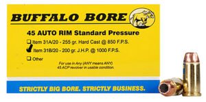 Buffalo Bore Ammunition 31B20 Standard Pressure Strictly Business 45Auto Rim 200gr Jacket Hollow Point 20 Per Box/12 Case