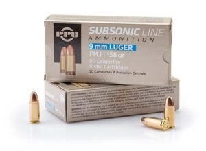 PPU Subsonic Handgun Ammunition 9mm Luger FMJ 158 gr 950 fps 50/ct